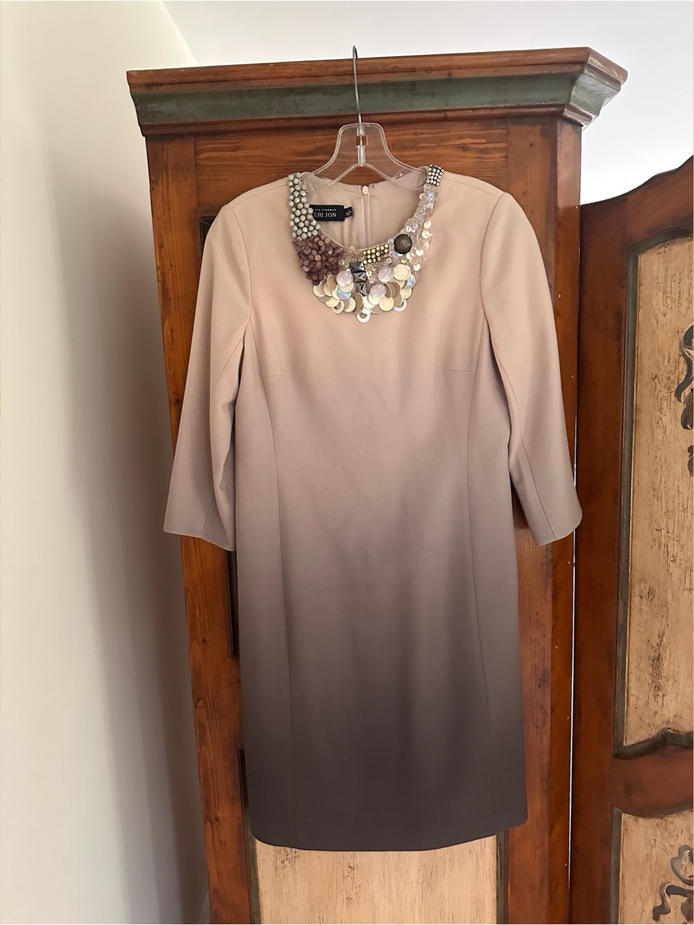 Rickie Freeman for Teri Jon beige to taupe ombre Sheath with beaded neckline